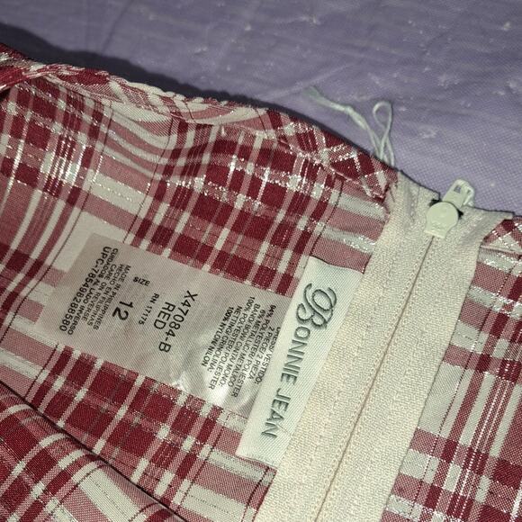 Bonnie Jean Red Ivory & Metallic Bow Front Plaid Dress with Cardigan Size 12 - Picture 13 of 14